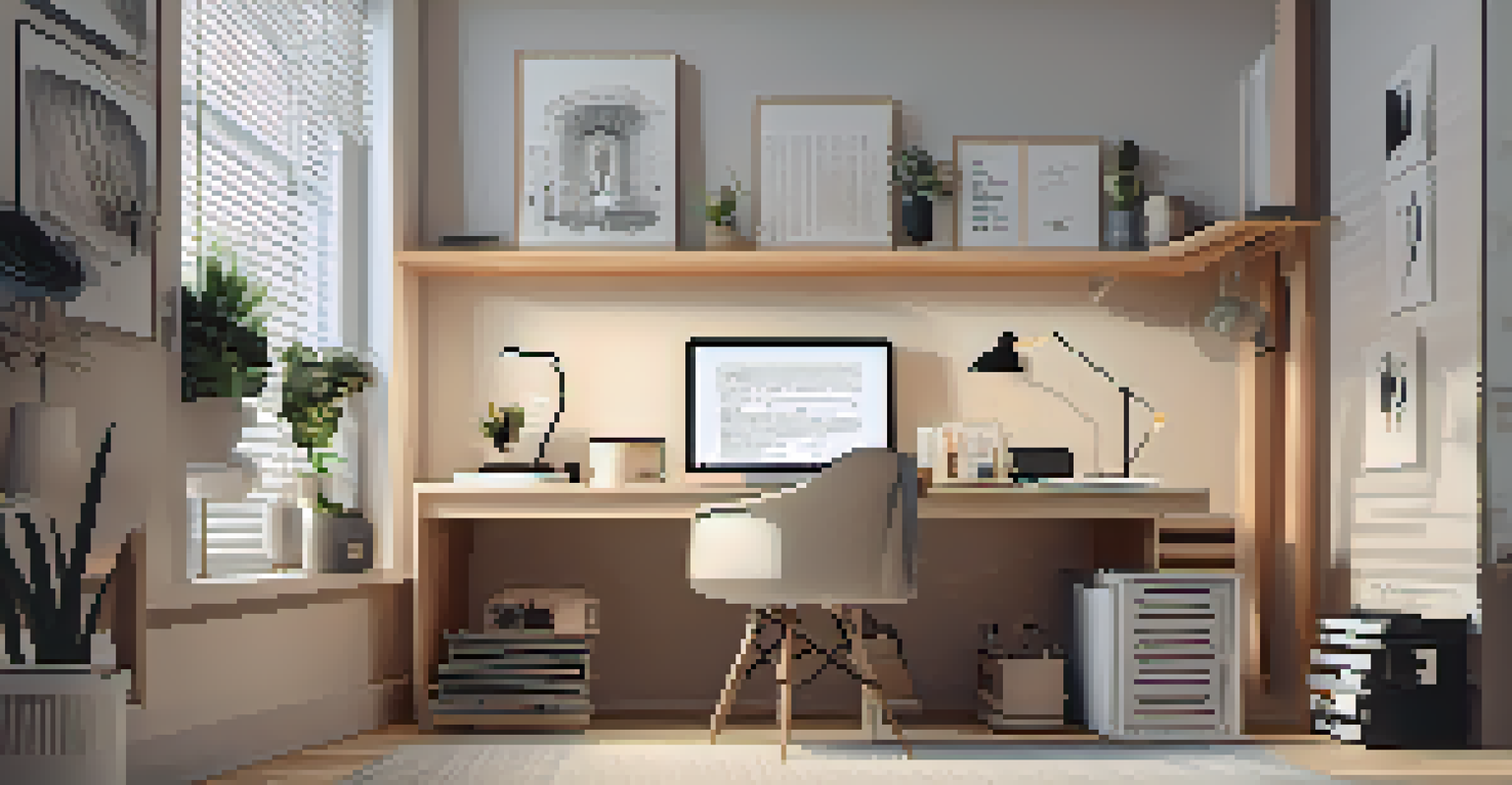 An organized and stylish workspace with ergonomic furniture, a laptop, and motivational quotes.