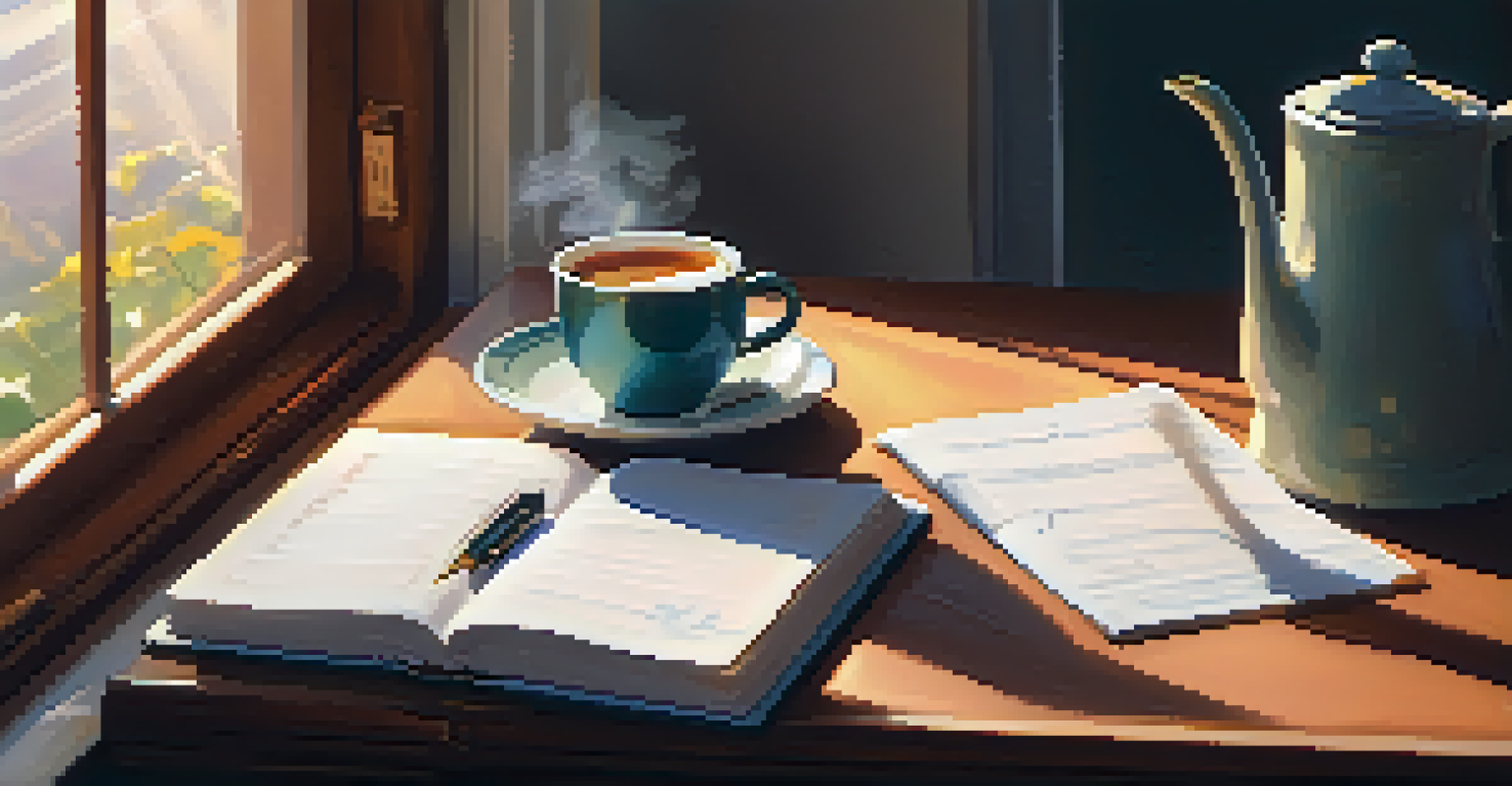 A cozy desk with an open journal and a cup of tea, illuminated by morning light.