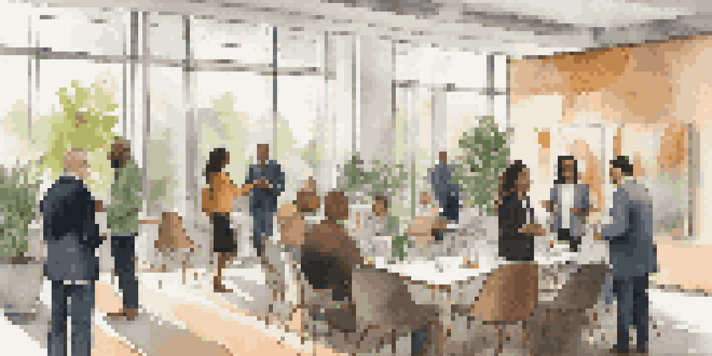 A diverse group of professionals networking in a bright office environment, engaging in conversation and shaking hands.