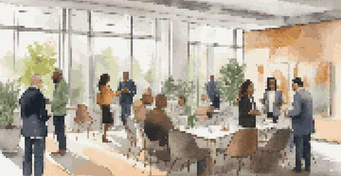 A diverse group of professionals networking in a bright office environment, engaging in conversation and shaking hands.