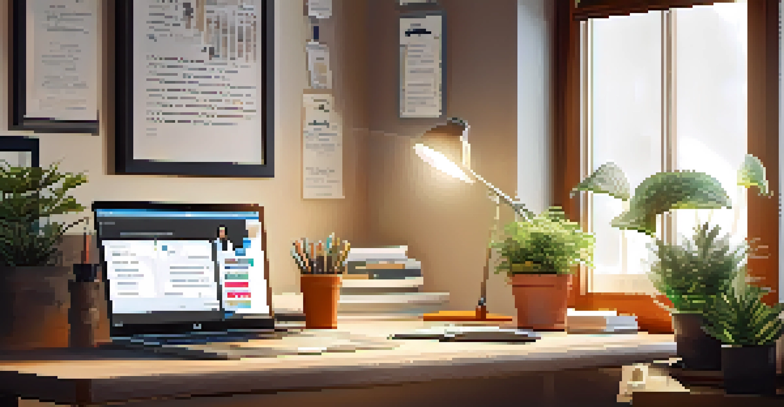 A creative workspace with a laptop, notepad, and personal branding elements, illuminated by warm sunlight.