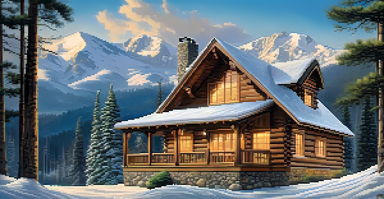 A cozy mountain cabin with snow-capped peaks and glowing windows, surrounded by pine trees.
