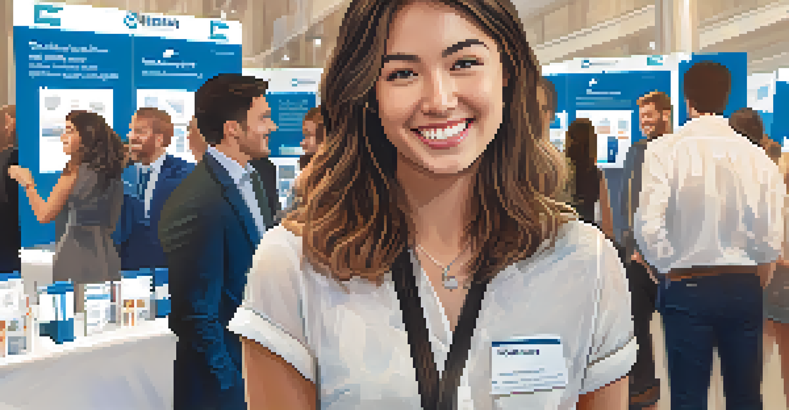 An intern at a networking event, smiling while holding a business card, surrounded by industry-related banners and other attendees.