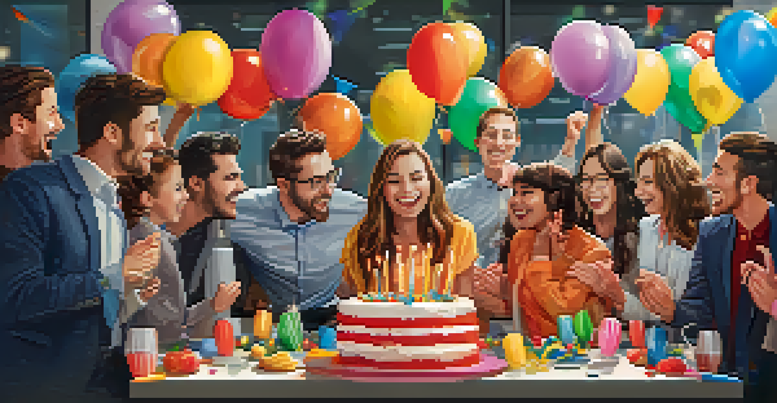 A team celebrating a small victory with balloons and a cake in a modern office setting.