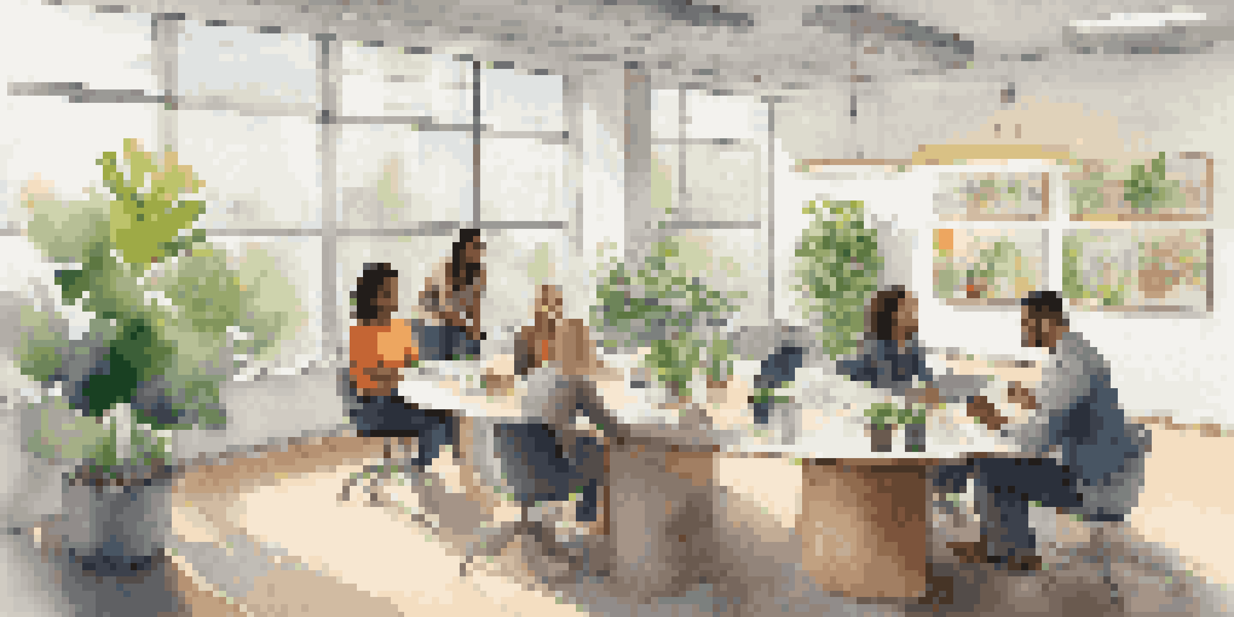 A diverse group of employees in a bright office space engaged in a feedback session, surrounded by plants and natural light.