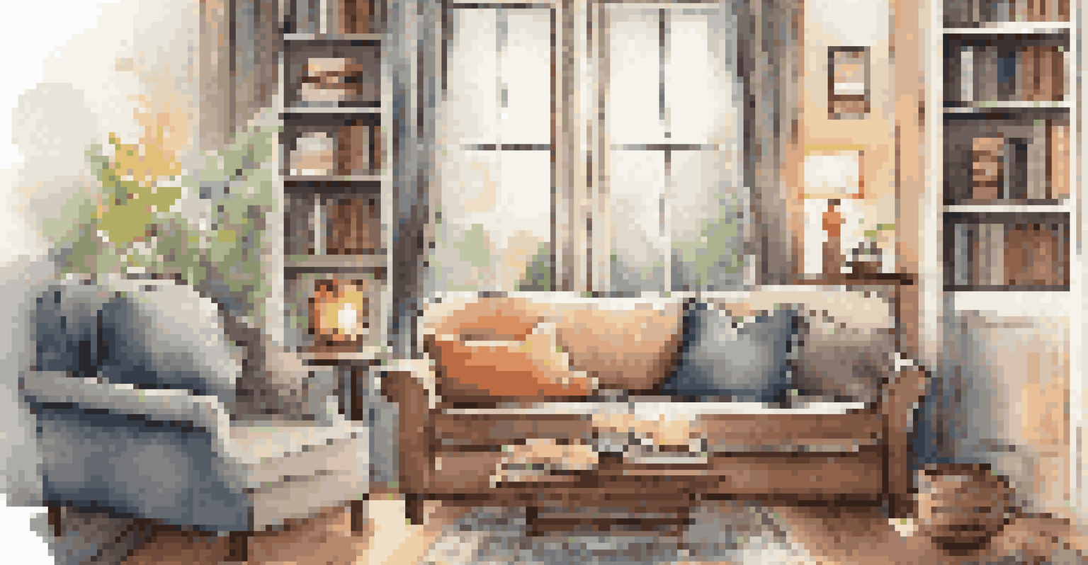 A cozy living room with a couch, blankets, and a coffee table, illuminated by natural light on a rainy day.