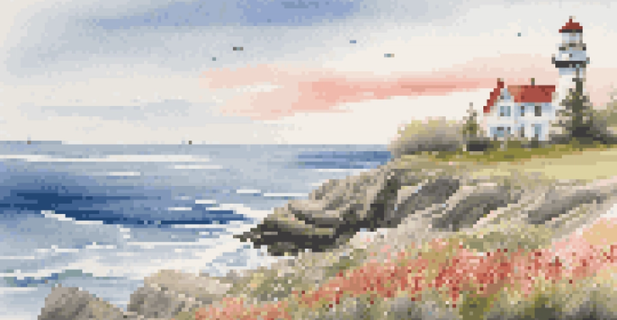 A lighthouse on a rocky shore with gentle waves and a clear blue sky, surrounded by colorful wildflowers.