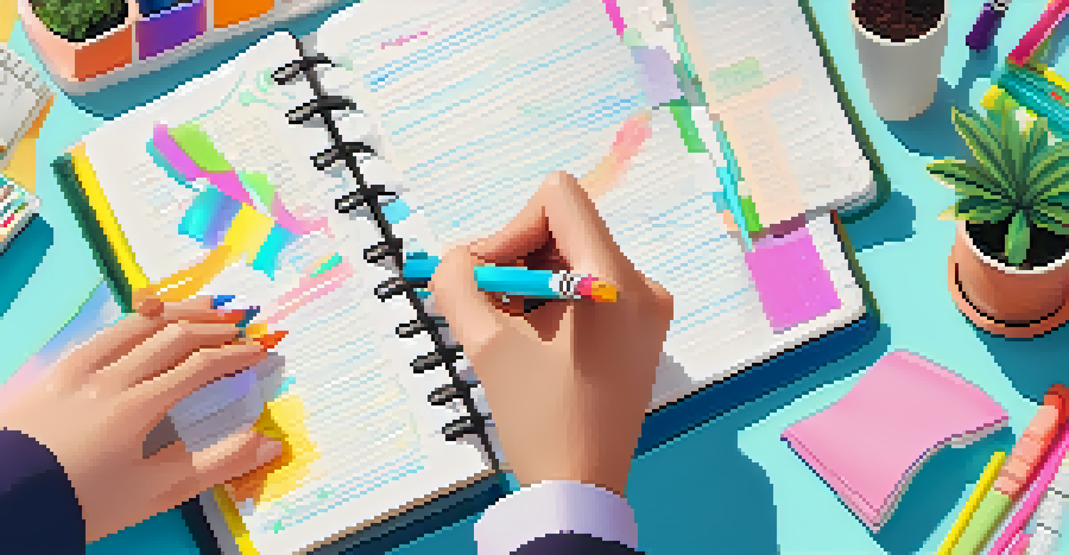 A close-up view of hands writing in a planner filled with SMART goals, surrounded by colorful pens and a potted plant, symbolizing organization and productivity.