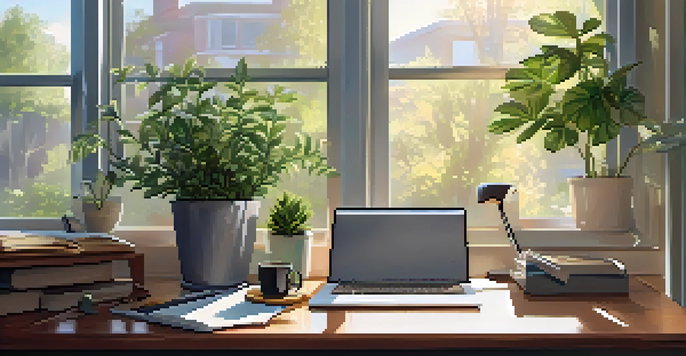 A bright and organized office desk with a laptop, career goals notepad, coffee mug, and potted plants, illuminated by sunlight.