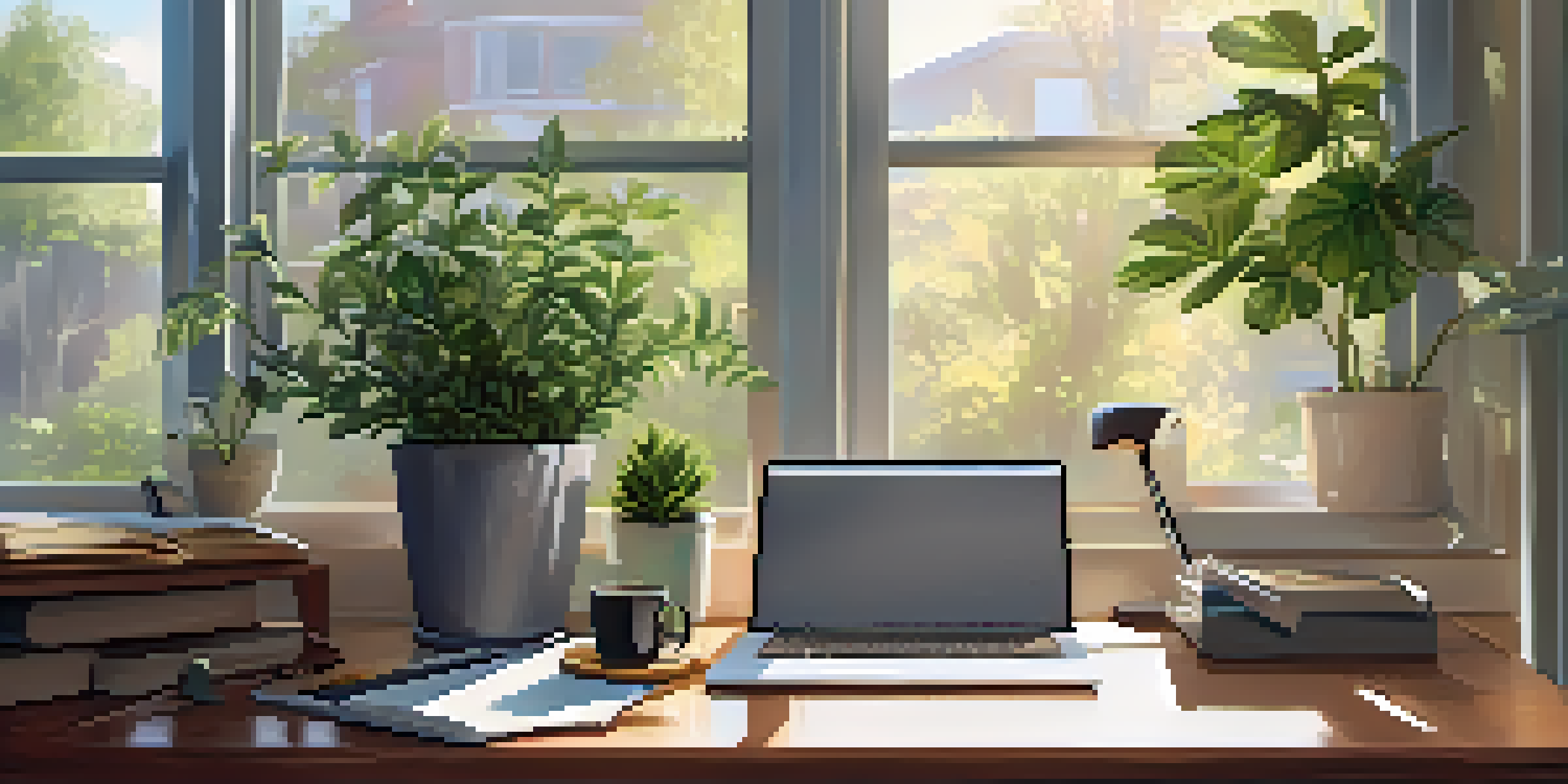 A bright and organized office desk with a laptop, career goals notepad, coffee mug, and potted plants, illuminated by sunlight.