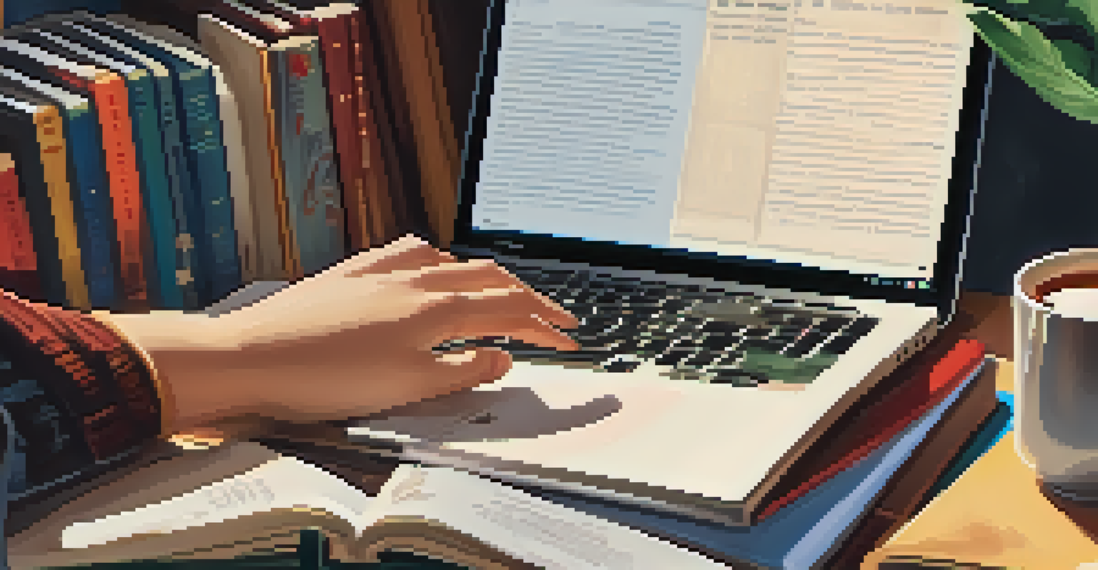 Close-up of hands typing on a laptop in a cozy study corner, surrounded by books and a cup of tea.