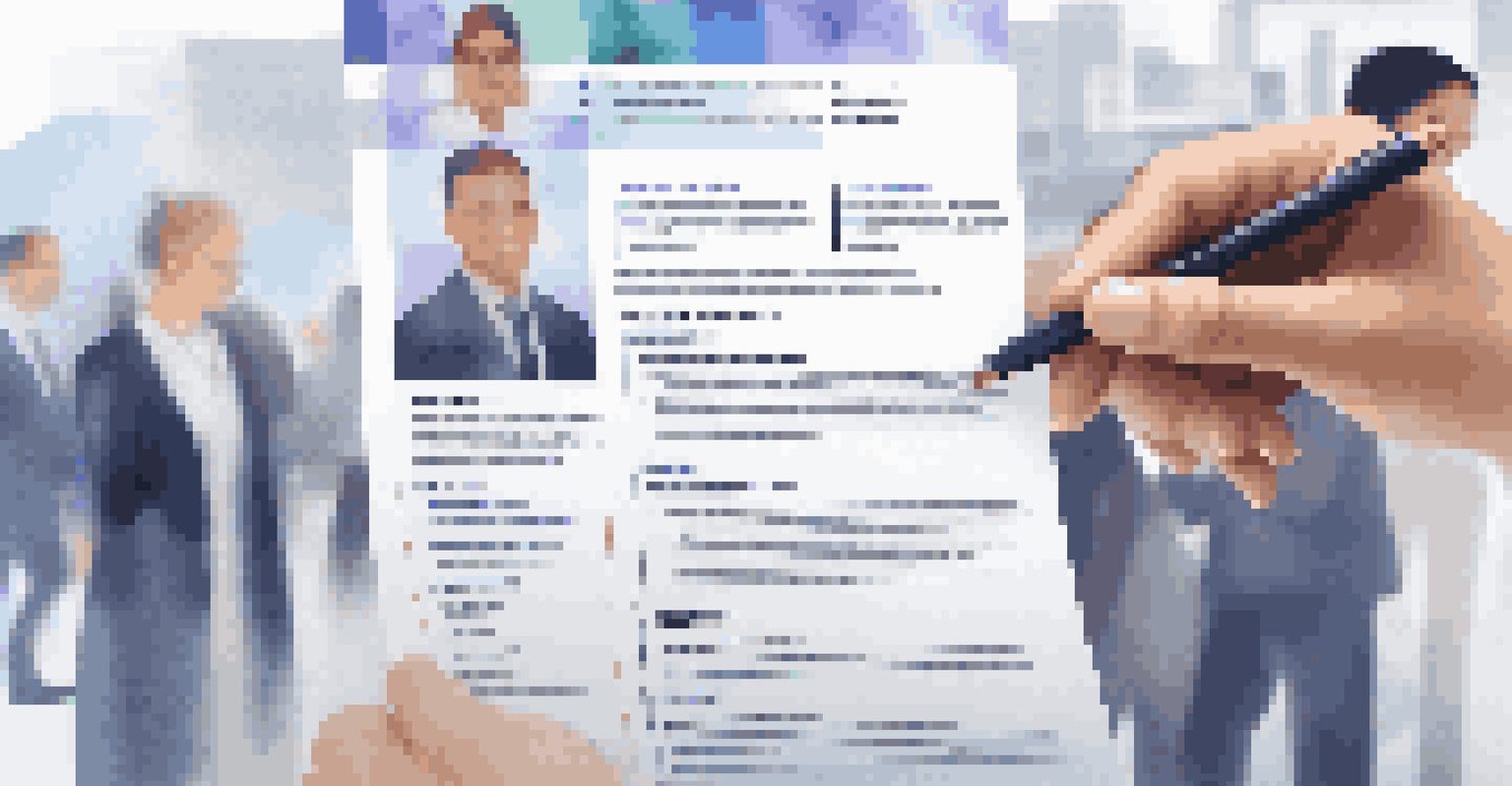 A close-up of a resume displaying highlighted professional certifications with a blurred networking scene in the background.