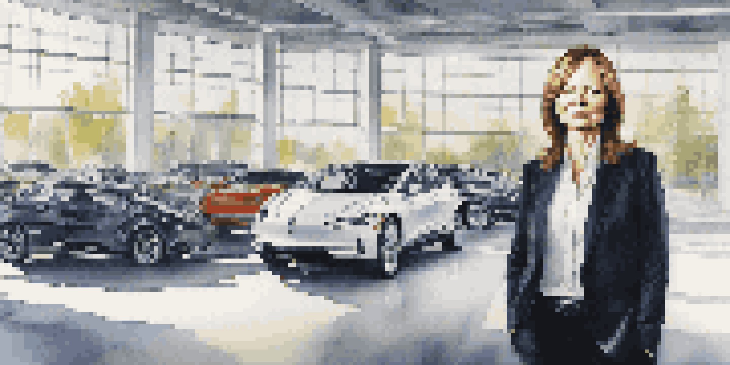 A confident portrait of Mary Barra in a modern office, surrounded by automotive designs and a sleek car model, emphasizing her leadership in the automotive industry.