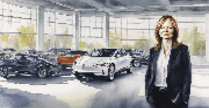 A confident portrait of Mary Barra in a modern office, surrounded by automotive designs and a sleek car model, emphasizing her leadership in the automotive industry.