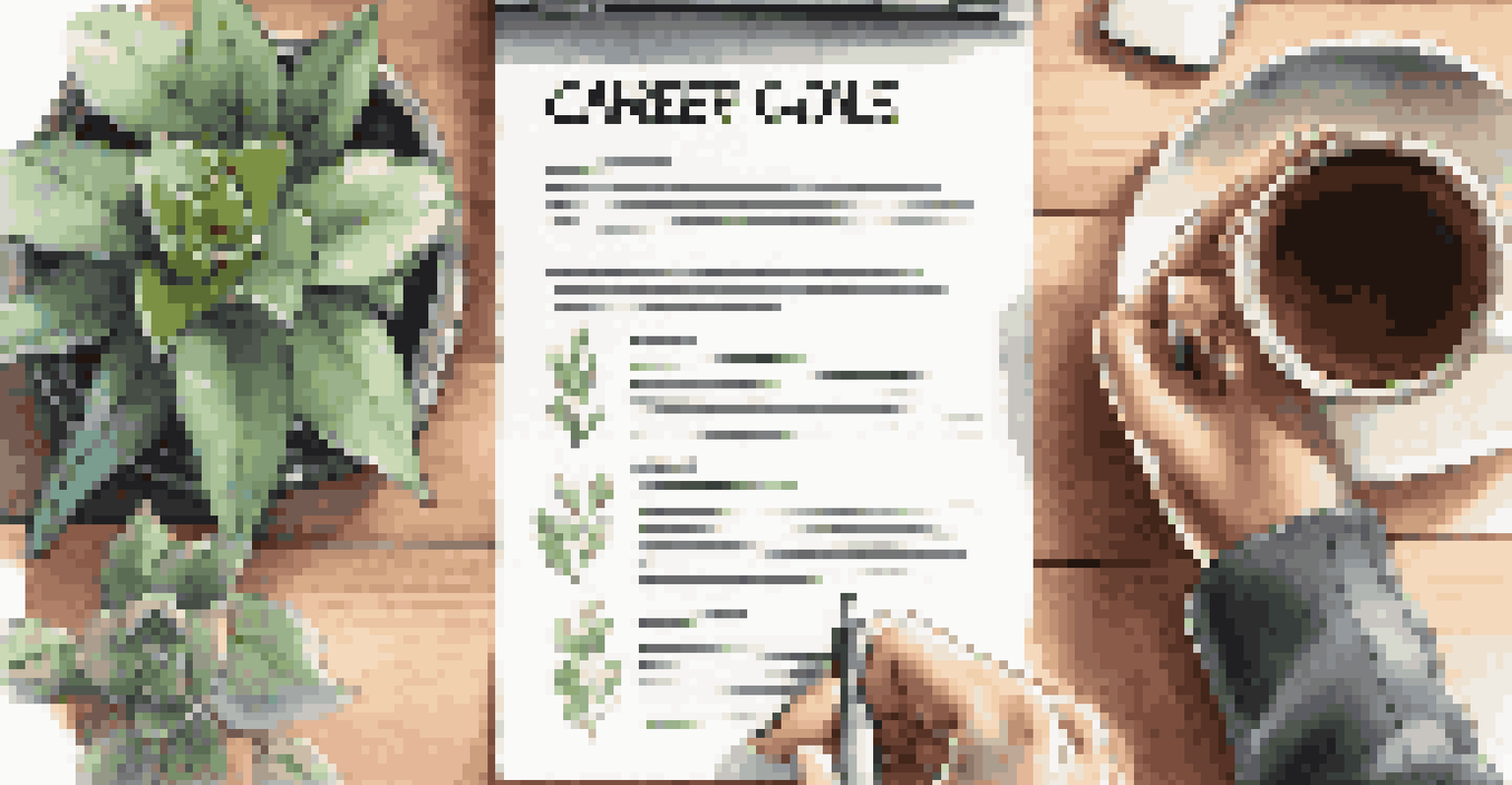 A close-up of a hand writing career goals on a worksheet, with coffee and a laptop in a cozy workspace.