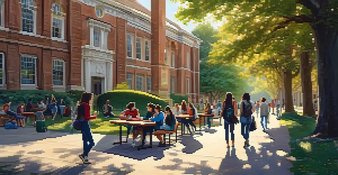 A lively university campus with students studying and walking around, surrounded by trees and a historic building.