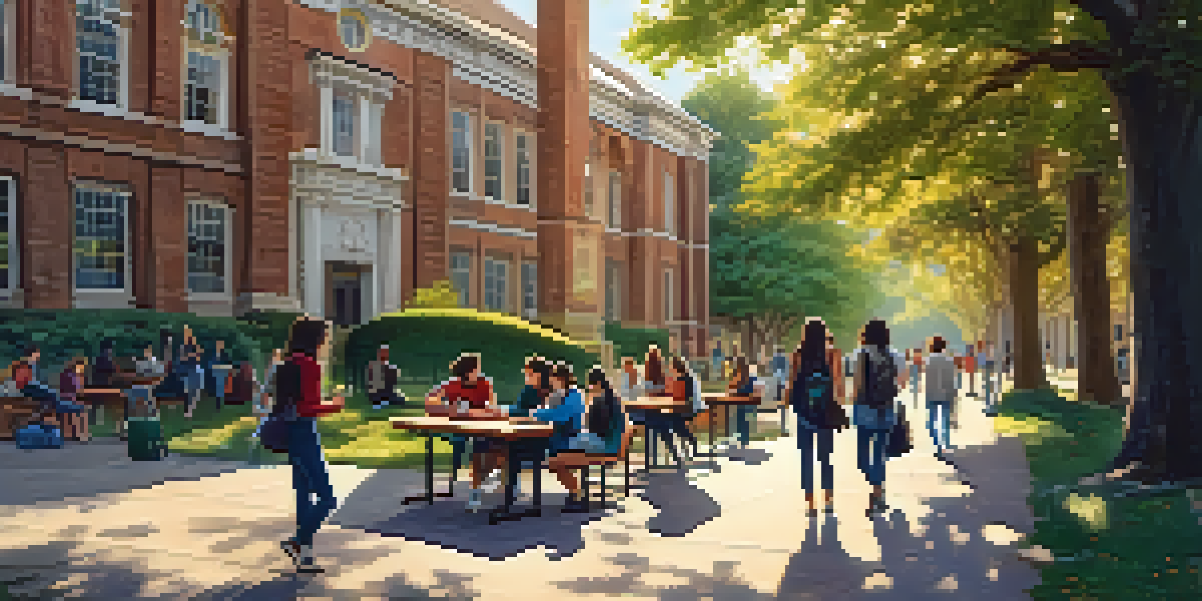 A lively university campus with students studying and walking around, surrounded by trees and a historic building.