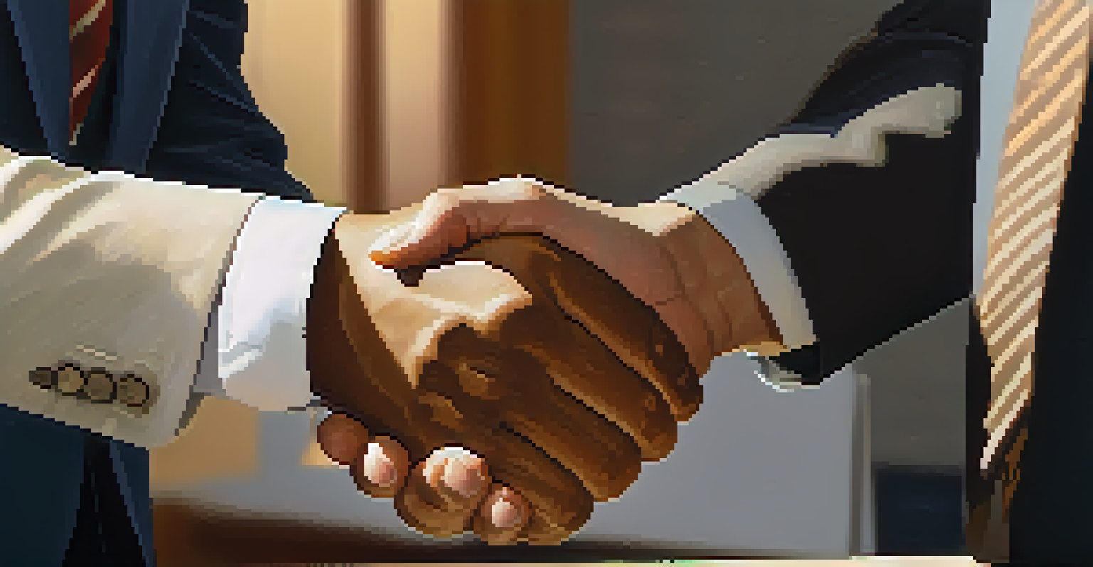 Two colleagues shaking hands with expressions of understanding in a warm-lit office setting.