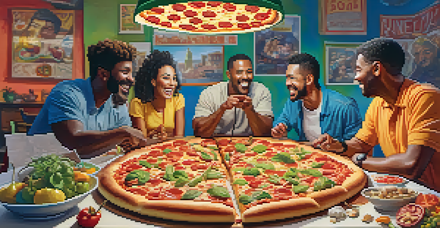 A diverse group of individuals happily discussing over a pizza, demonstrating a collaborative win-win negotiation scenario in a bright and cheerful setting.