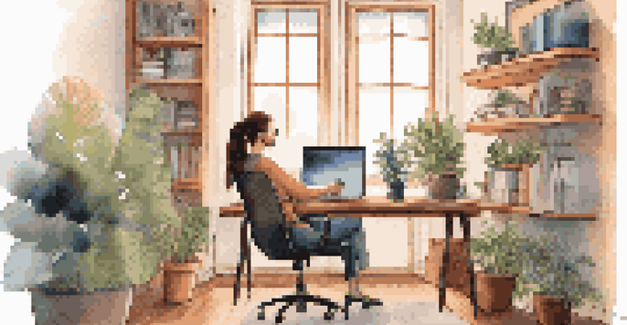 A person working remotely in a cozy home office with a laptop, warm lighting, and personal decorations.
