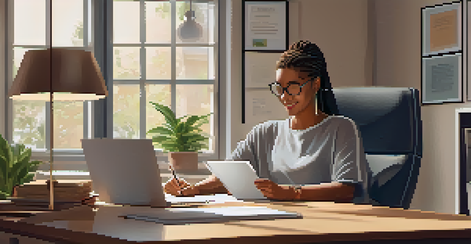 A person learning from an online AI course in a cozy home office with motivational decor.