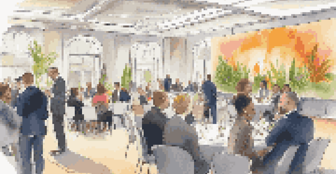 A diverse group of professionals engaging in conversation at a networking event in an elegant conference hall.