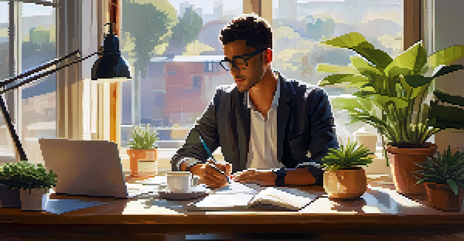 A person brainstorming networking strategies at a desk with a laptop and sticky notes, surrounded by a warm and sunny atmosphere.