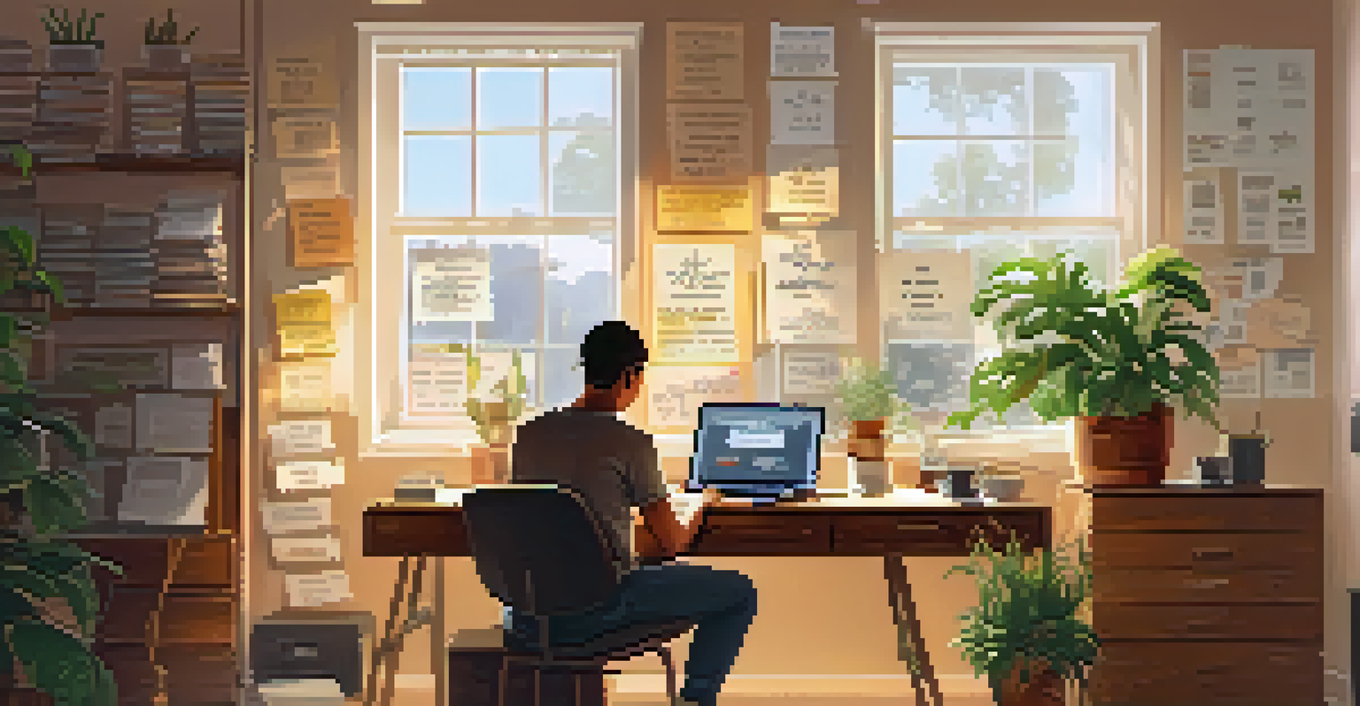 A person typing on a laptop in a cozy workspace filled with motivational quotes, a cup of coffee, and a plant, illuminated by sunlight.