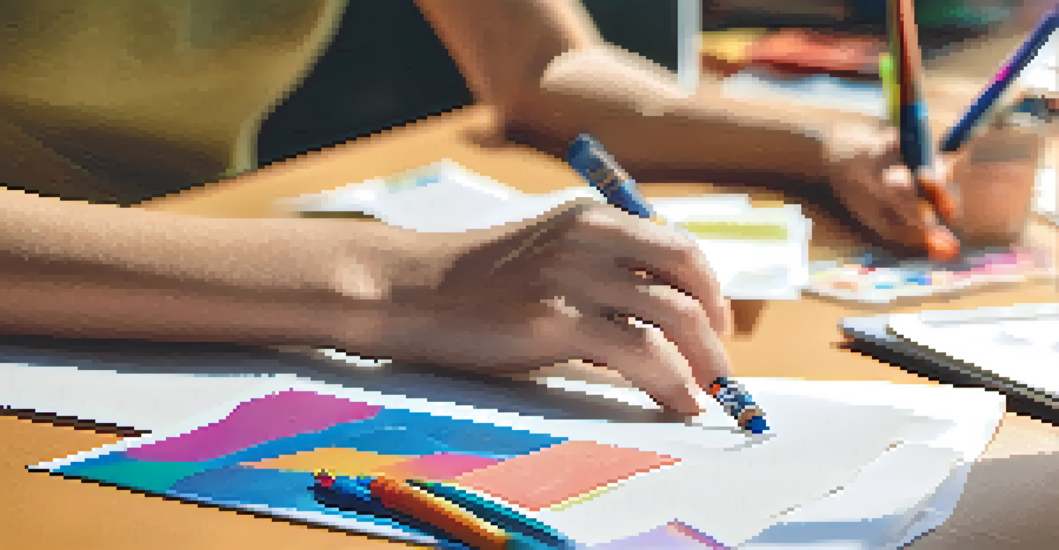 Close-up of a volunteer's hands making promotional materials for a charity, with colorful papers and markers on a table.