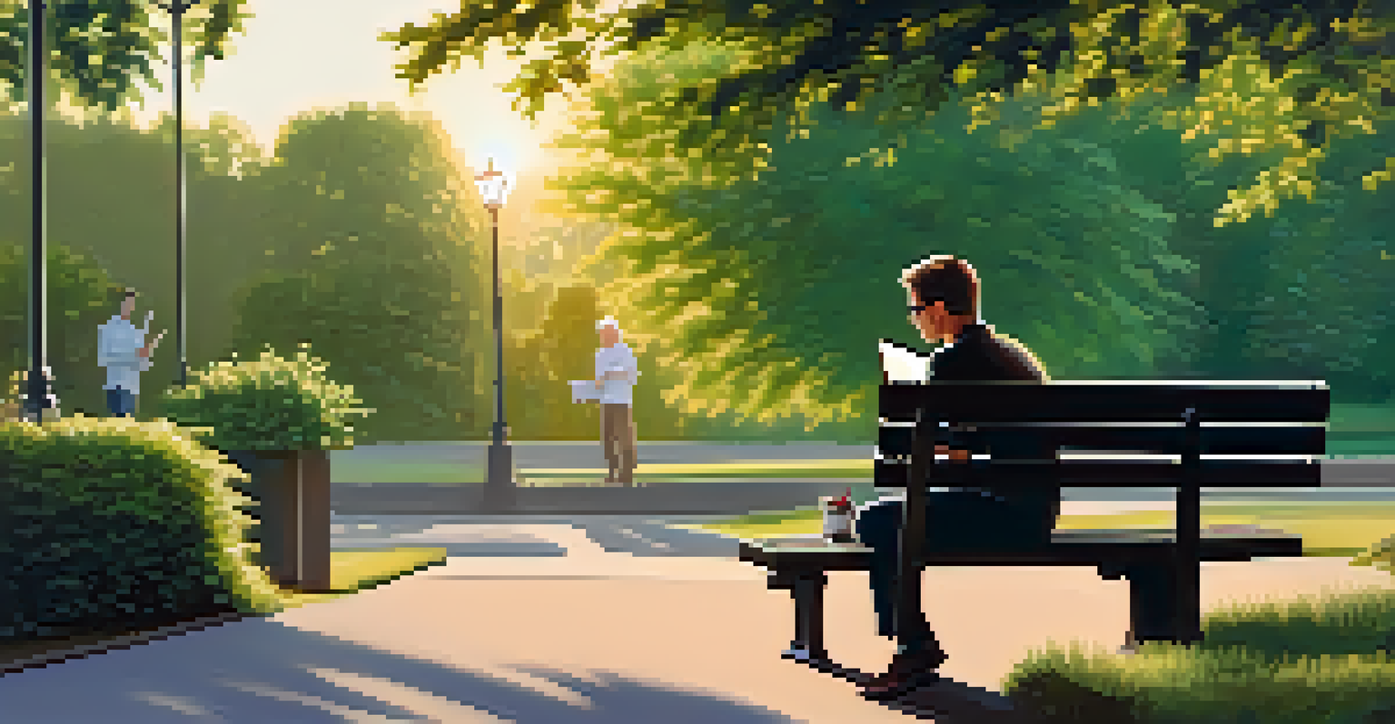 A person thoughtfully writing in a notebook while sitting on a park bench surrounded by greenery during sunset, symbolizing self-assessment.