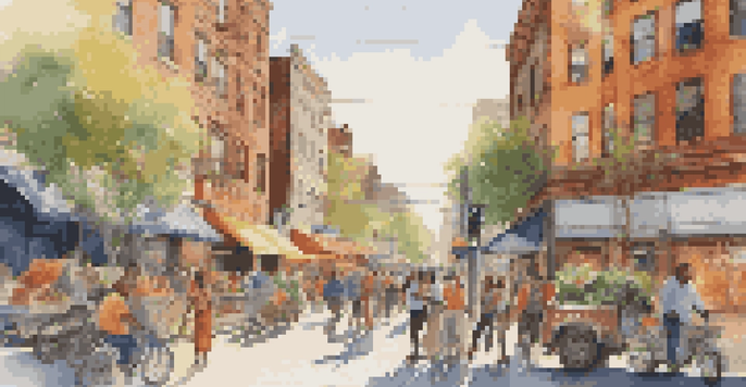 A lively city street filled with diverse gig workers doing food delivery and ridesharing under warm sunlight.