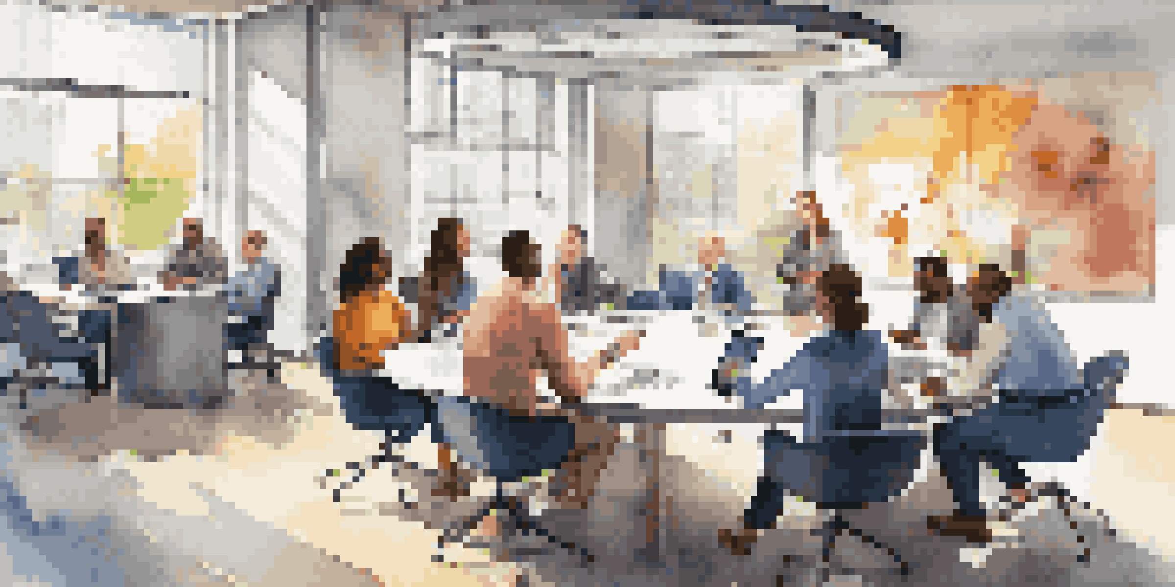 A diverse group of employees collaborating in a bright office space, engaged in a meeting around a round table with laptops and coffee cups.