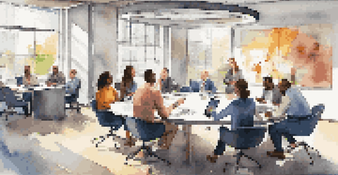 A diverse group of employees collaborating in a bright office space, engaged in a meeting around a round table with laptops and coffee cups.