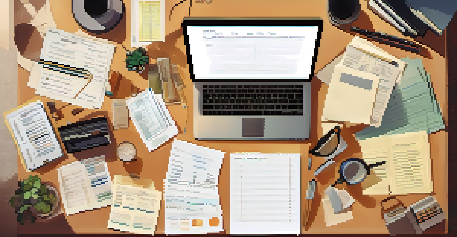 An overhead view of a cluttered freelancer's desk with notebooks, a calculator, and tax forms.