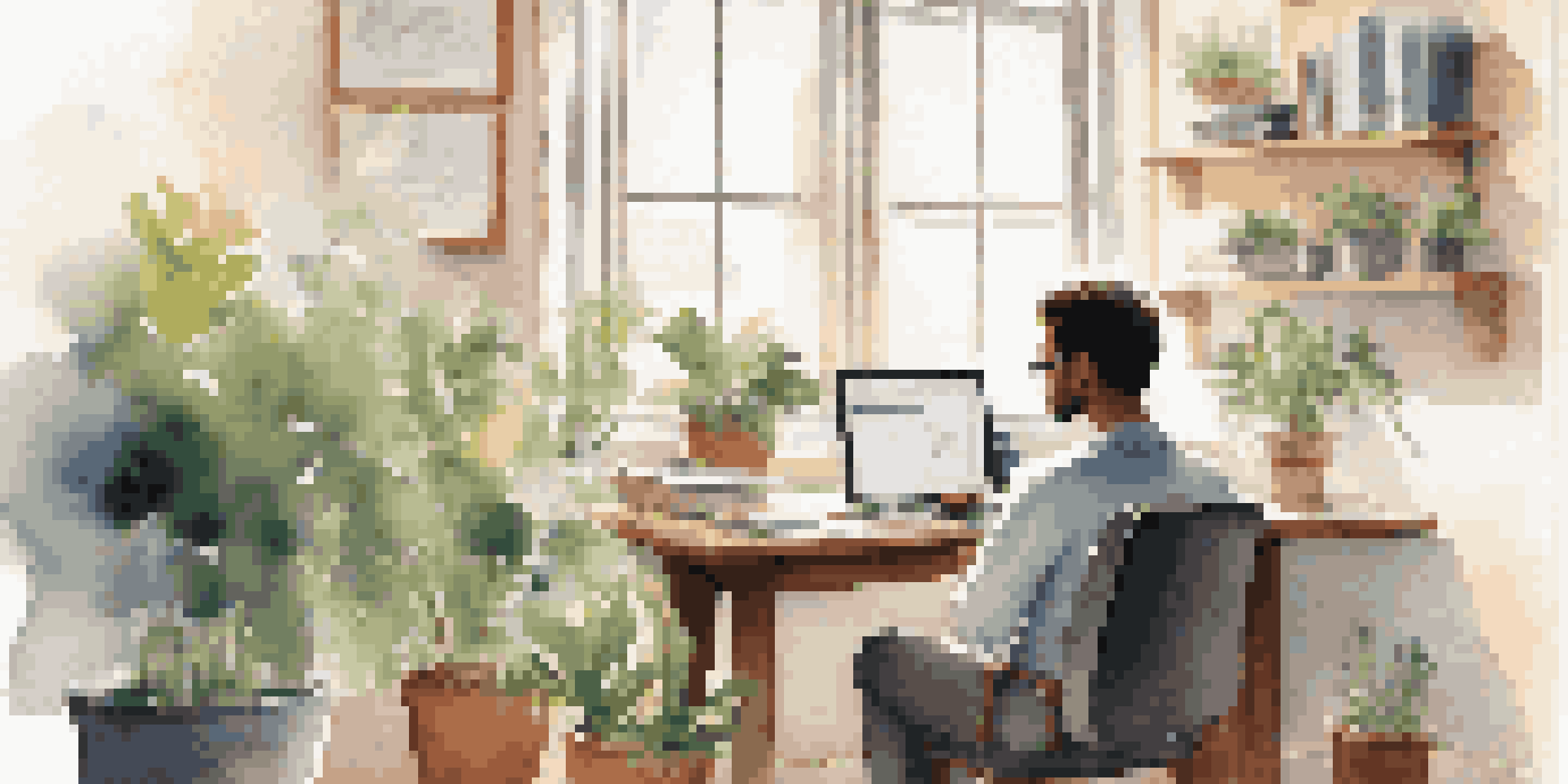 A person engaged in online learning in a bright, plant-filled office.
