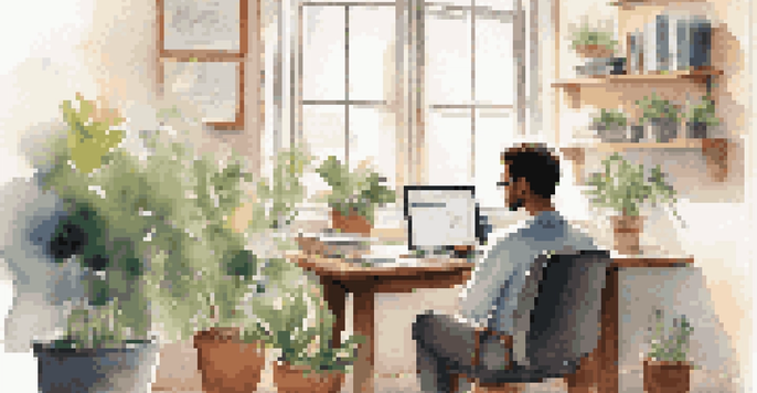 A person engaged in online learning in a bright, plant-filled office.