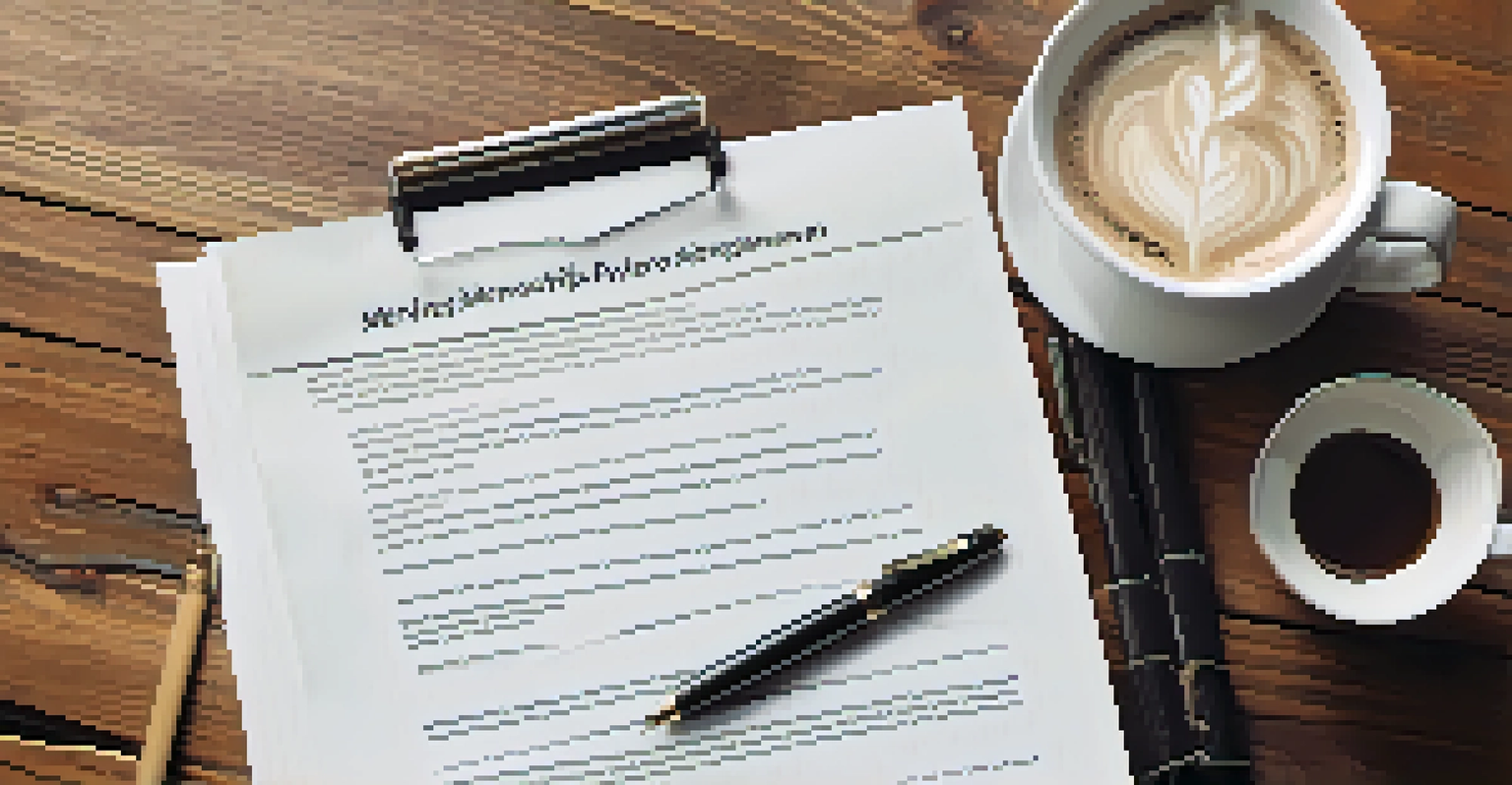A close-up of a mentorship agreement document and a pen on a table, with a coffee cup and laptop in the background.