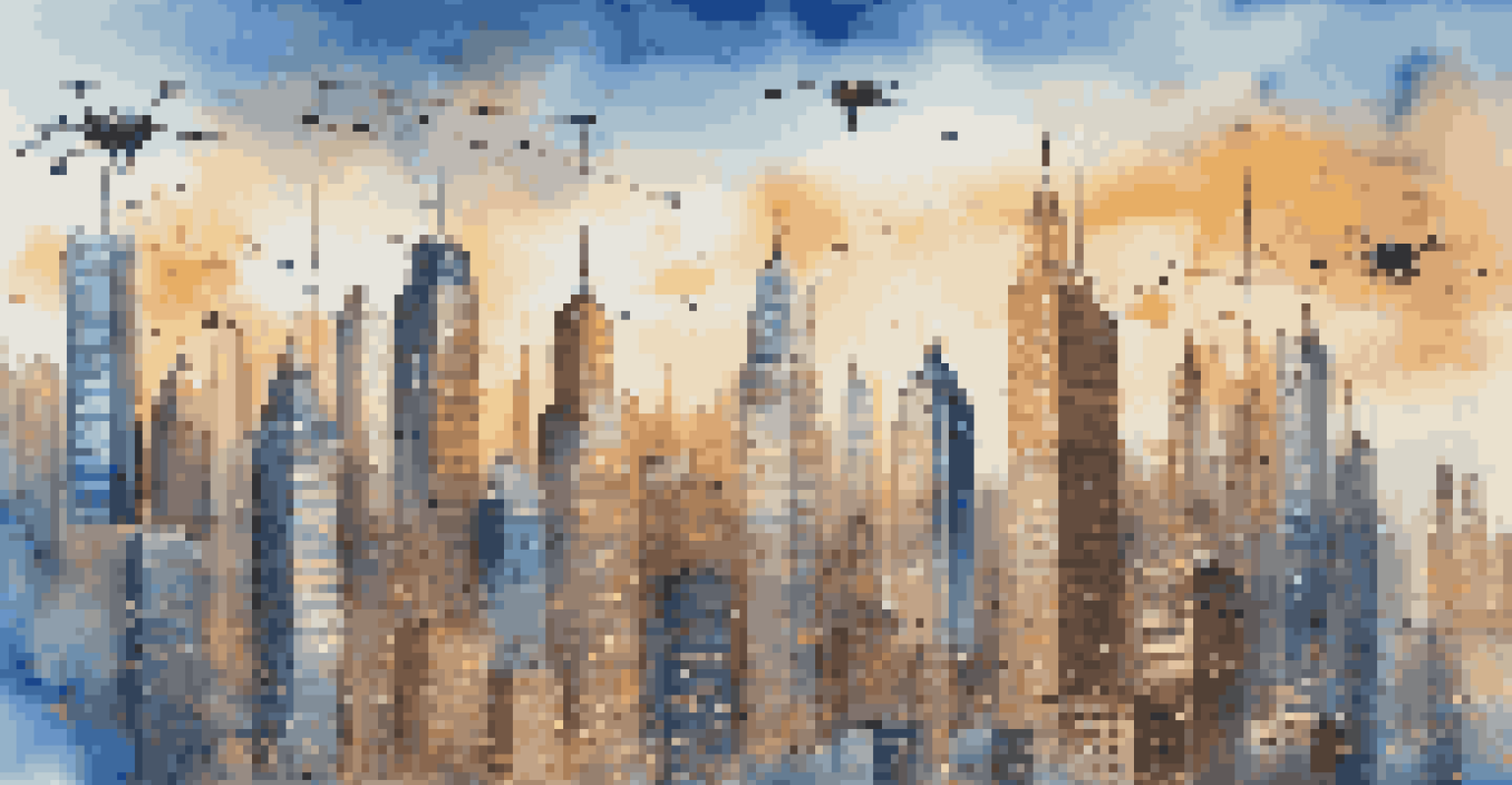 A vibrant city skyline with skyscrapers and flags from various countries, symbolizing global business and connectivity.