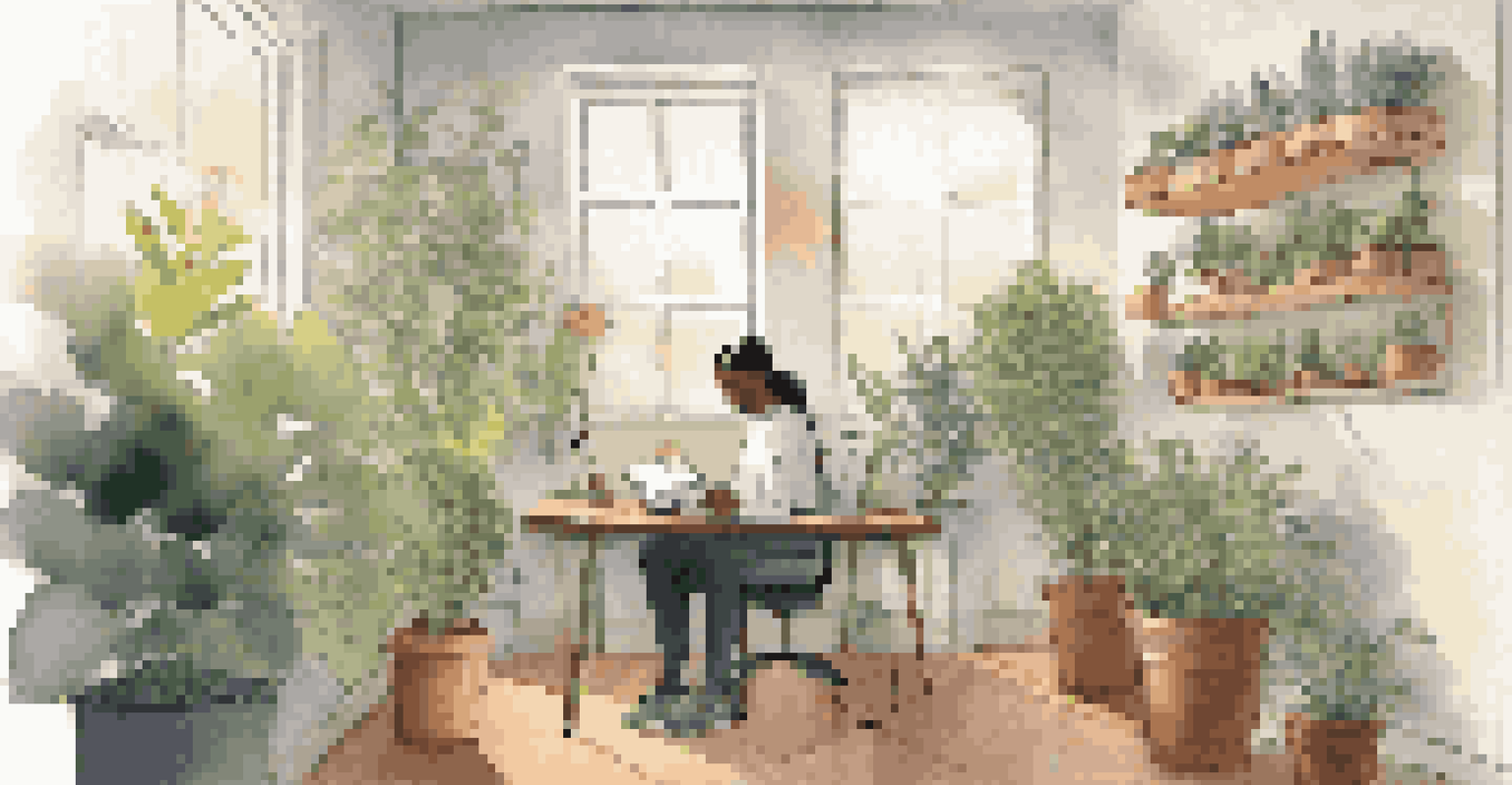 A cozy workspace with an employee reading a book, surrounded by plants and a whiteboard filled with notes about learning and development.