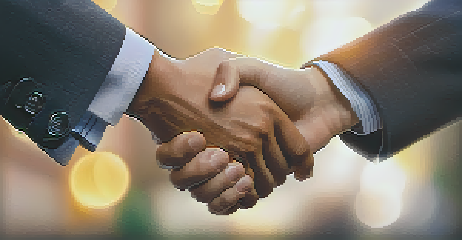 A close-up of two hands engaged in a firm handshake in a business setting, with a softly blurred background and warm lighting.