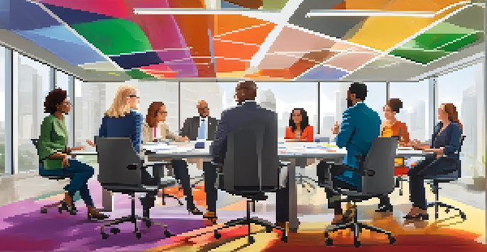 A group of diverse professionals collaborating in a well-lit conference room, featuring a mix of ages, genders, and ethnicities, with a whiteboard in the background.