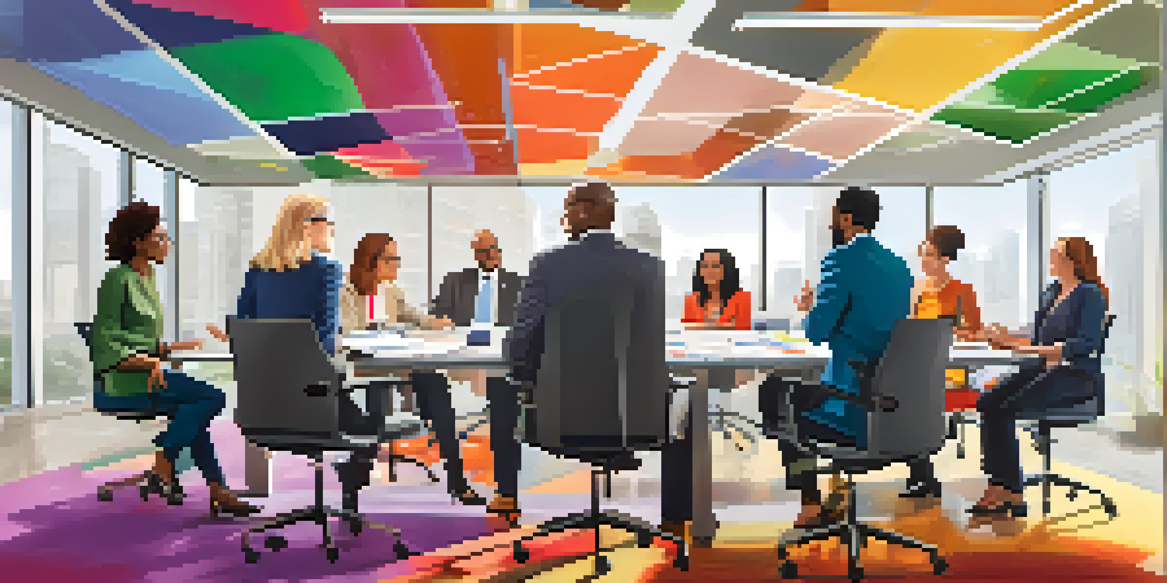 A group of diverse professionals collaborating in a well-lit conference room, featuring a mix of ages, genders, and ethnicities, with a whiteboard in the background.
