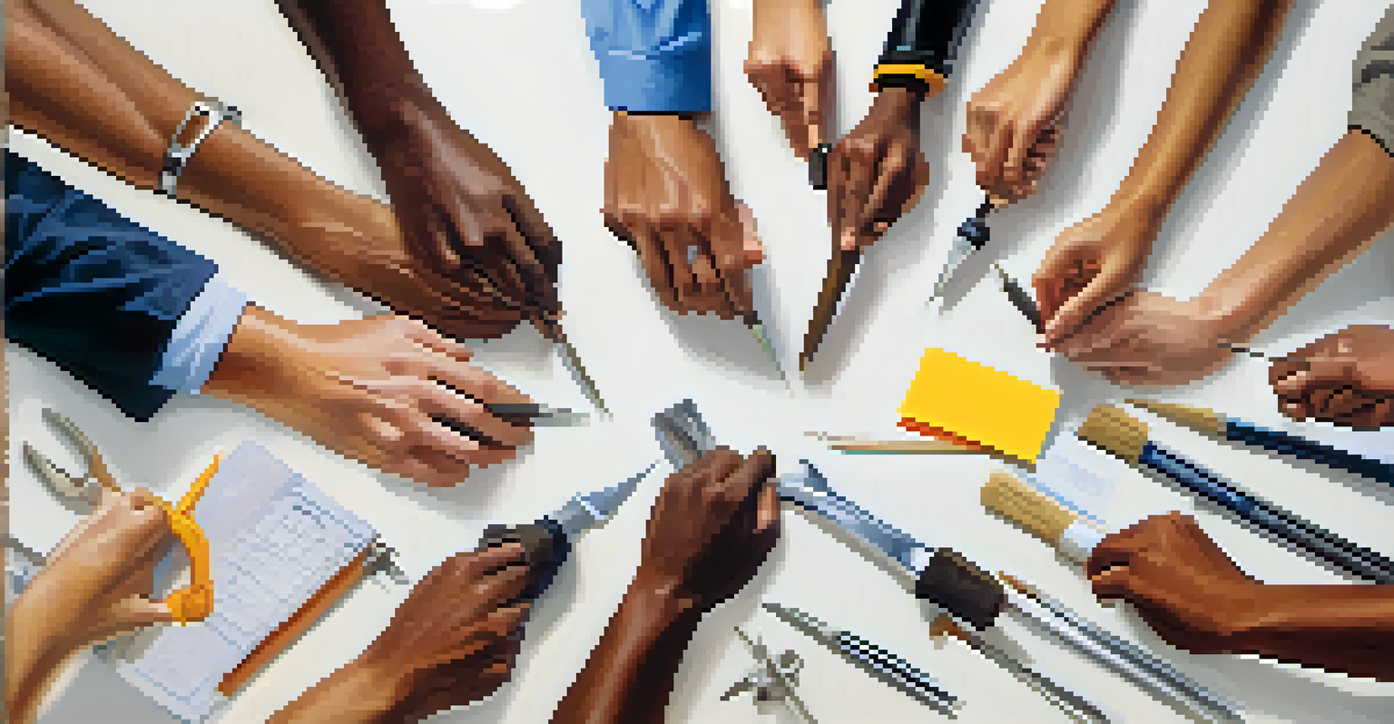 A diverse group of hands collaborating on a project, symbolizing teamwork and unity.