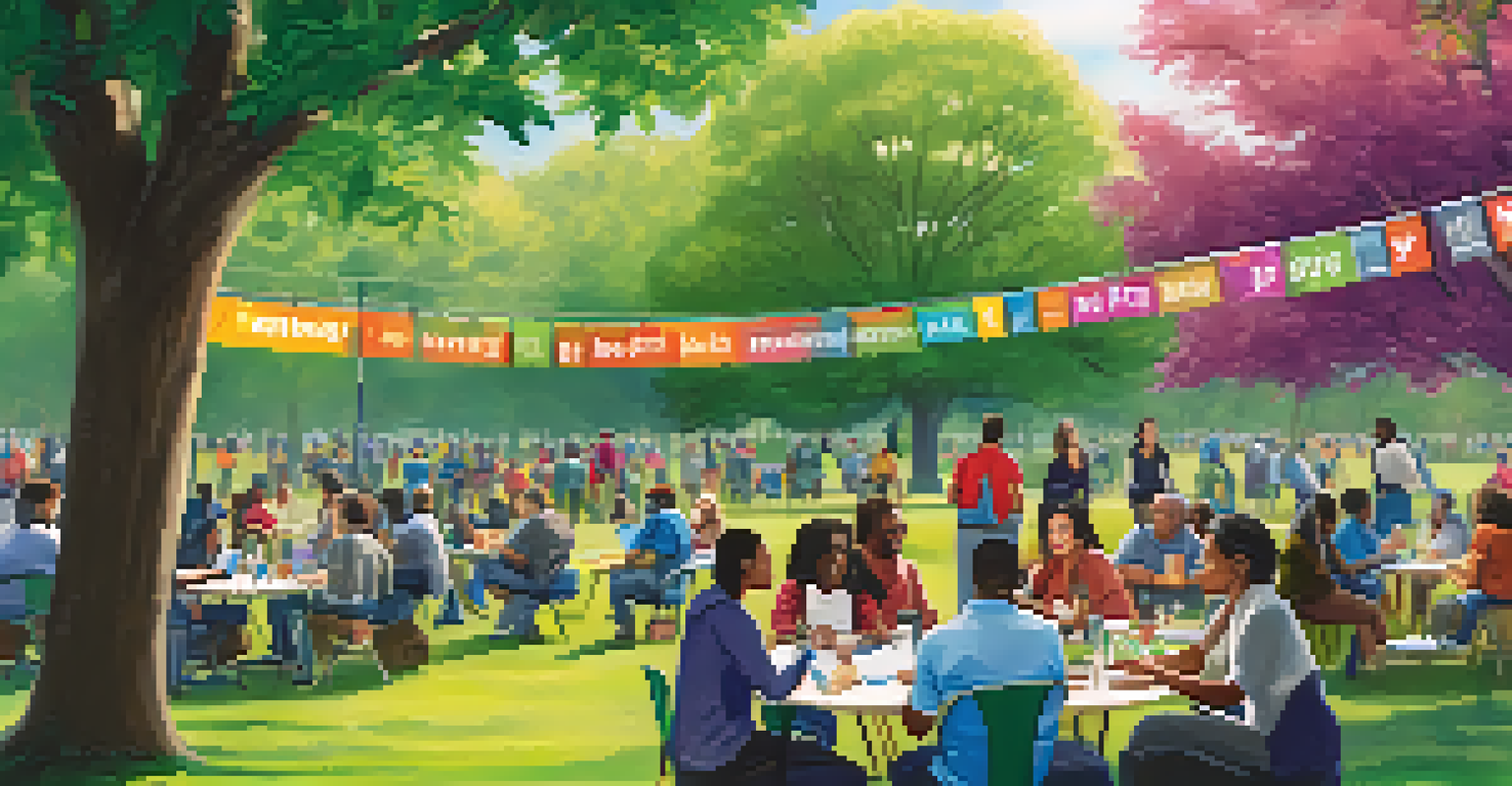 An outdoor mentoring event in a park with diverse individuals engaging in activities and discussions under colorful banners promoting diversity.