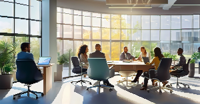 A bright office with diverse employees working together at a round table, surrounded by plants and natural light.