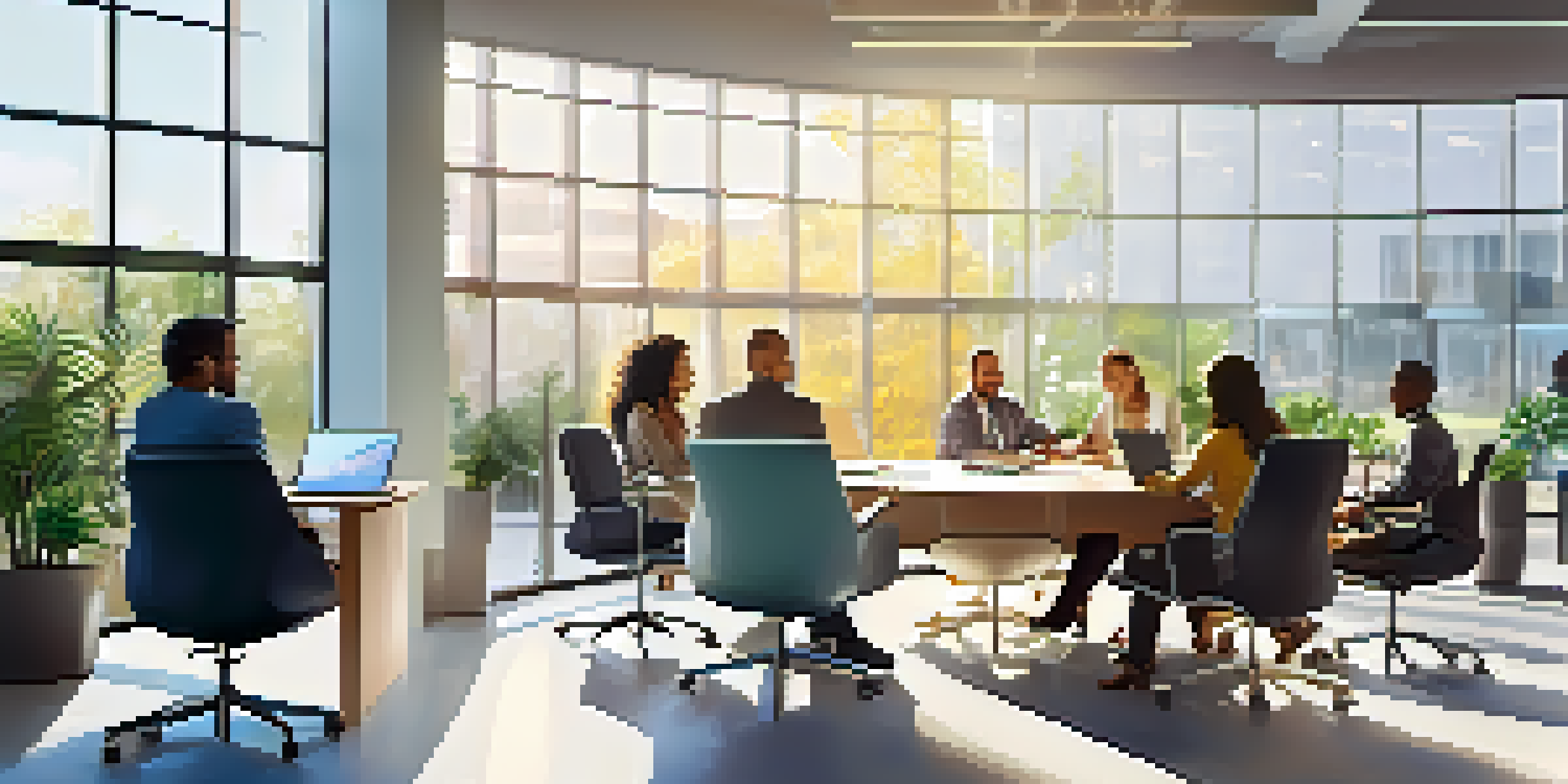 A bright office with diverse employees working together at a round table, surrounded by plants and natural light.