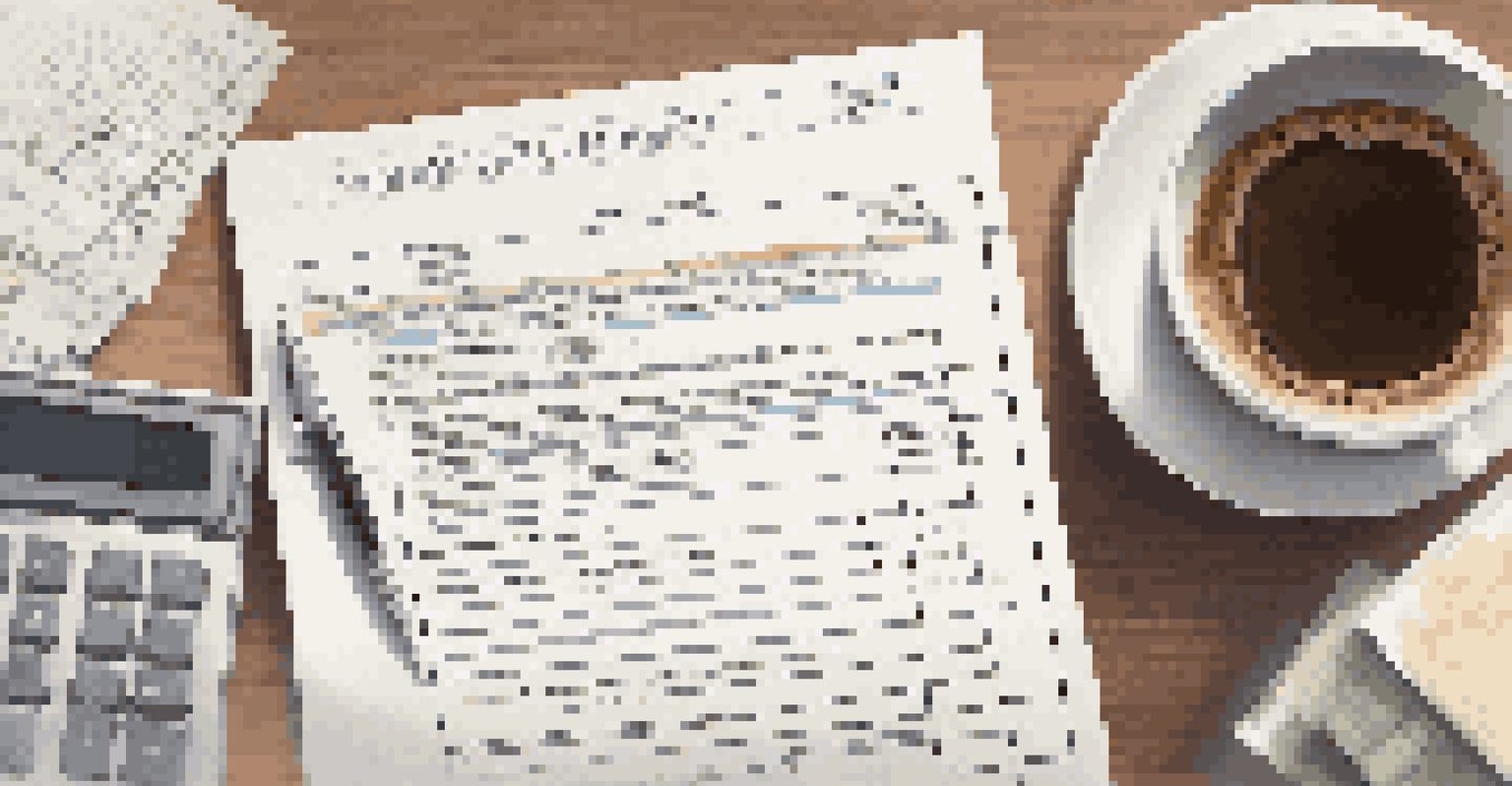 A close-up view of a freelance contract document on a desk with a pen, calculator, and coffee cup.
