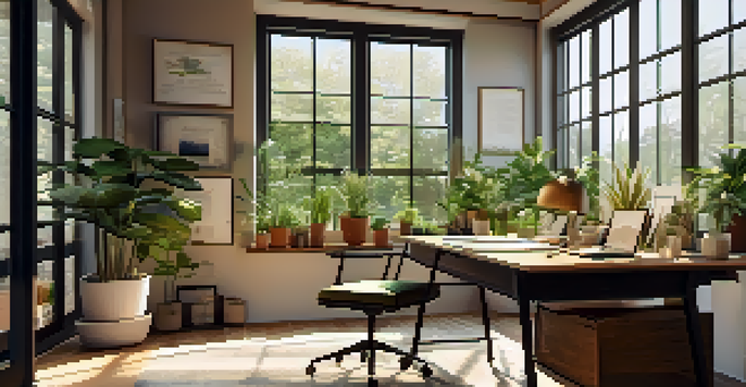 A bright office space with a desk, laptop, notebook, and coffee, surrounded by plants and natural light.