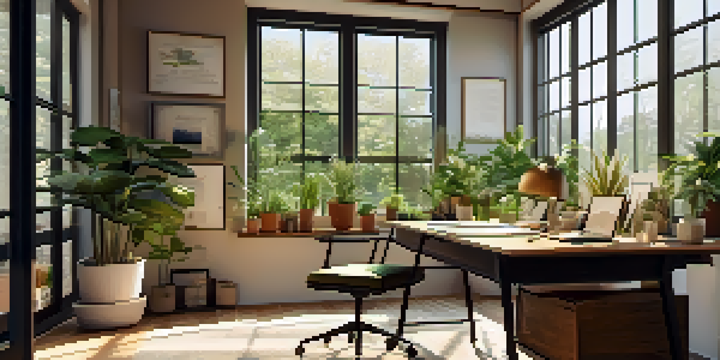 A bright office space with a desk, laptop, notebook, and coffee, surrounded by plants and natural light.