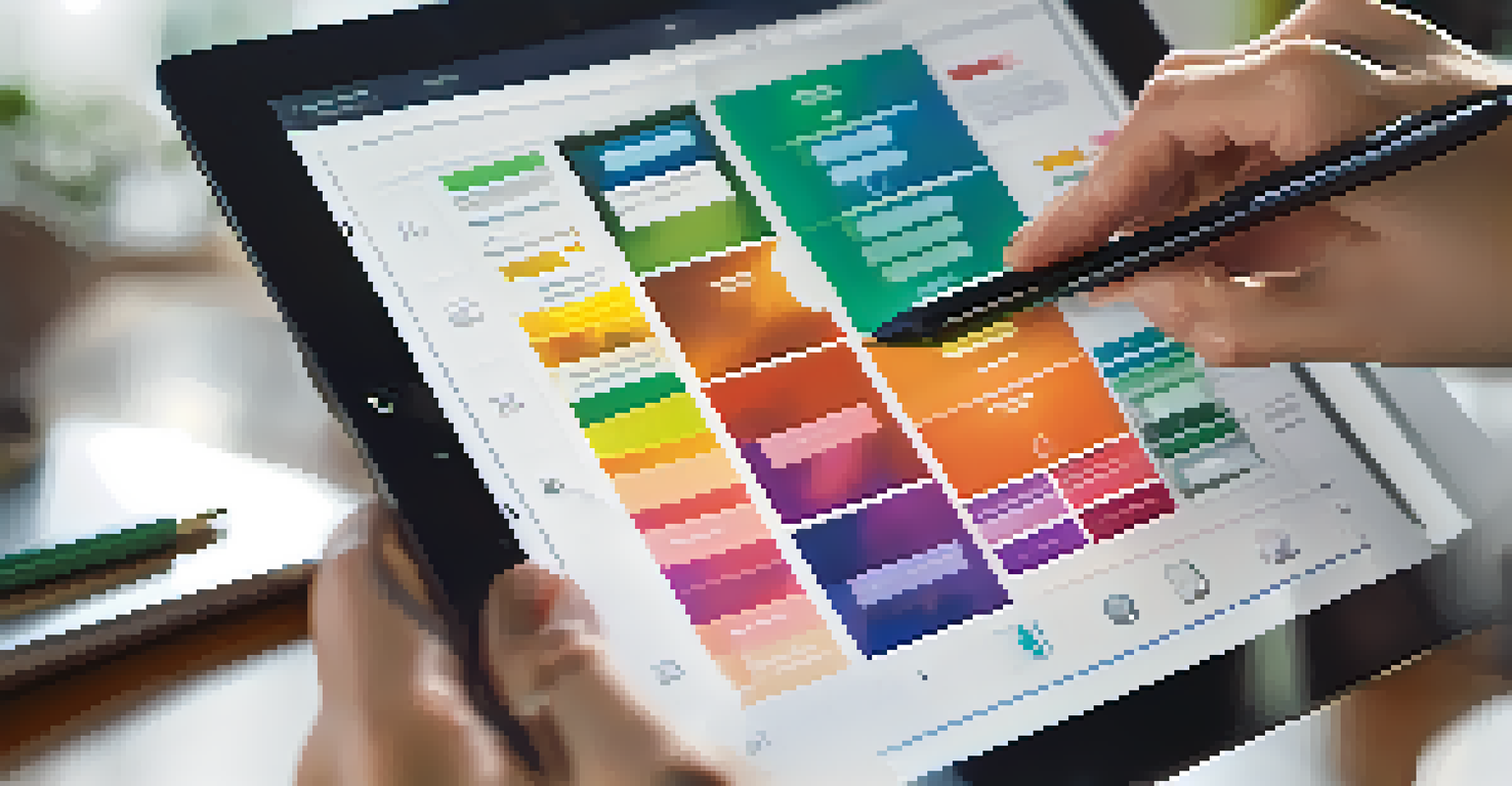 Hands holding a tablet displaying a colorful portfolio interface.